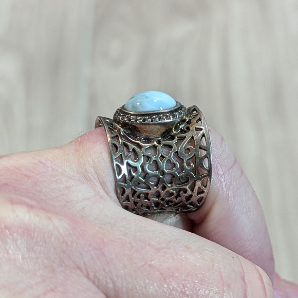 Victorian Larimar Stone CZ & Sterling Silver Laser Cut Heart Wide Band Ring - Picture 7 of 11